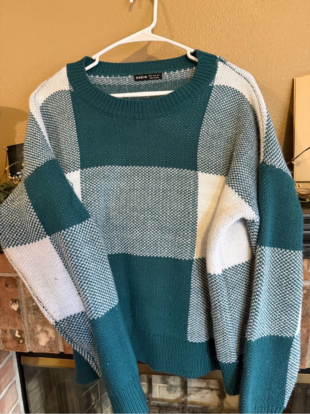 SHEIN Teal and Cream Checked Crewneck Sweater